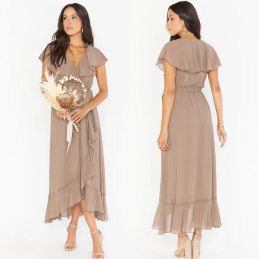 Show Me Your Mumu Jess Dress Small Dune Faux Wrap Ruffle Midi Wedding Bridesmaid